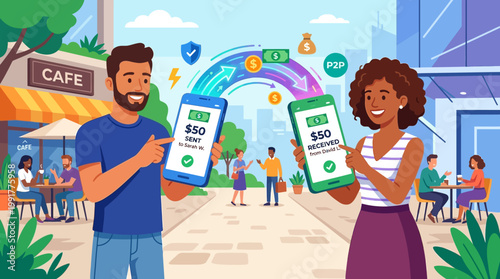 People using smartphones to send and receive money via peer-to-peer mobile payment applications with secure transactions