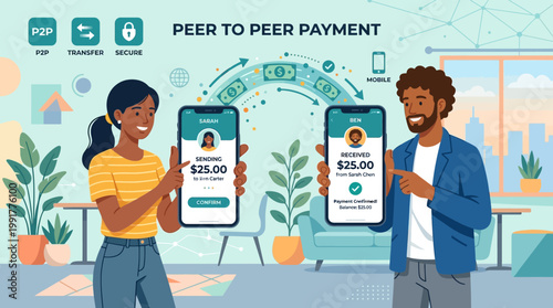 Smiling individuals efficiently transferring money via a secure mobile peer-to-peer payment application on their smartphones.