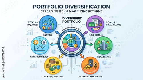 An essential financial infographic clearly illustrates effective portfolio diversification strategies, emphasizing balanced asset allocation for spreading risk and maximizing returns.