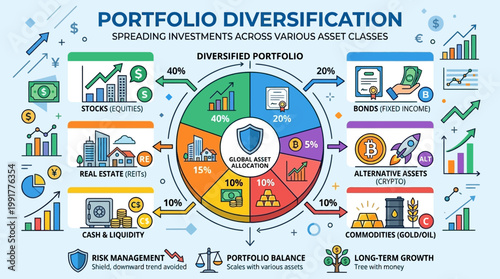 A detailed colorful infographic explains the core concept of portfolio diversification through asset allocation and strategic investment percentages for financial growth