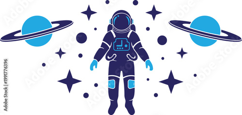 Astronaut in space with planets and stars, flat vector illustration