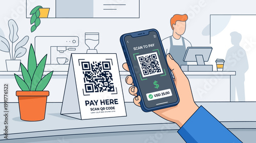 A human hand holds a modern smartphone, actively scanning a QR code for secure and convenient digital mobile payment.