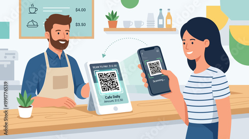 A female customer makes a contactless QR code payment using her smartphone at a counter with a smiling male vendor.