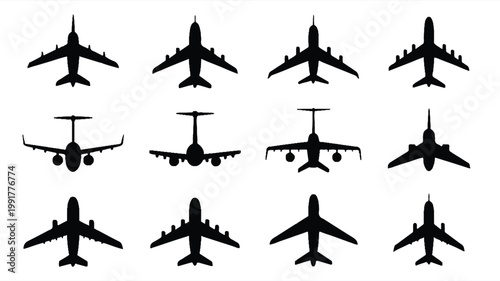 Various airplanes are depicted in multiple views and silhouettes on a plain background.
