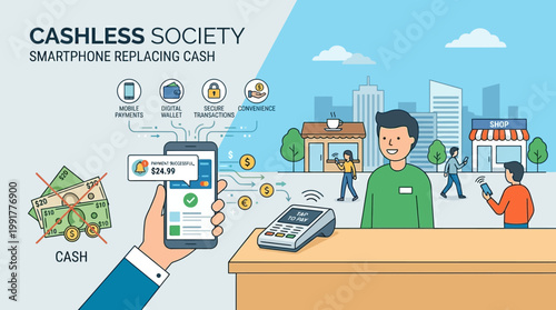 Handheld smartphone facilitates secure digital contactless payments via a card reader as a modern alternative to traditional paper currency notes