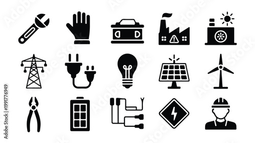 A set of 15 minimalist icons depicting various industrial and energy-related symbols and objects