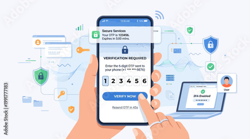 A stylized hand holds a mobile phone, displaying a secure one-time password (OTP) verification screen for two-factor authentication.