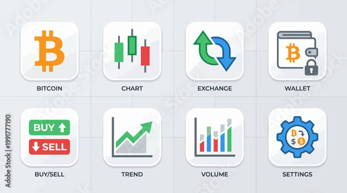 A collection of eight colorful cryptocurrency icons featuring essential trading tools like bitcoin symbols, market charts, exchange rates, and wallets.