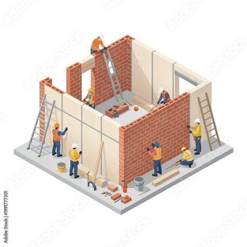 Construction workers building brick walls and installing panels on house structure