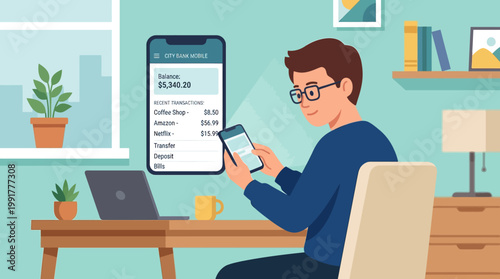 A young man wearing glasses sits while holding a smartphone to manage his digital bank account on a mobile application