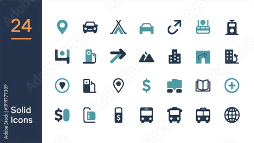A set of minimalist icons featuring various transportation modes and travel-related symbols