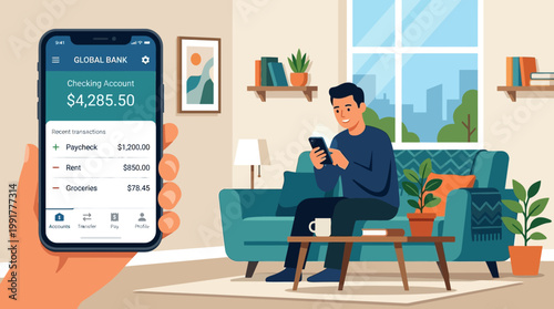 A person uses a mobile banking application on their smartphone to view recent transaction history and current checking account balance