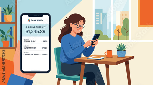 Happy young woman checking her digital bank account balance on a smartphone while sitting comfortably at a wooden desk daily