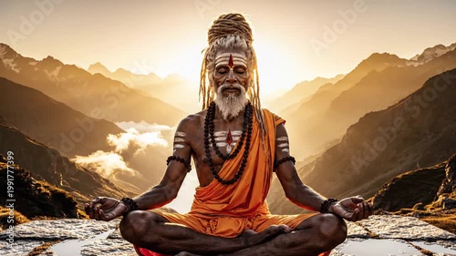 Elderly sadhu meditating in lotus pose on mountain cliff at sunrise, serene spiritual practice, enlightenment concept
