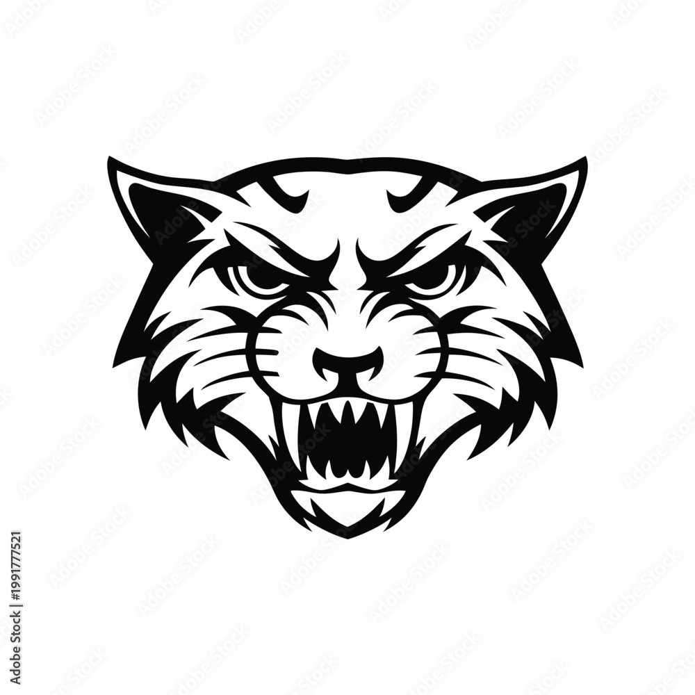 Fototapeta premium Black and white vector illustration of a roaring tiger head
