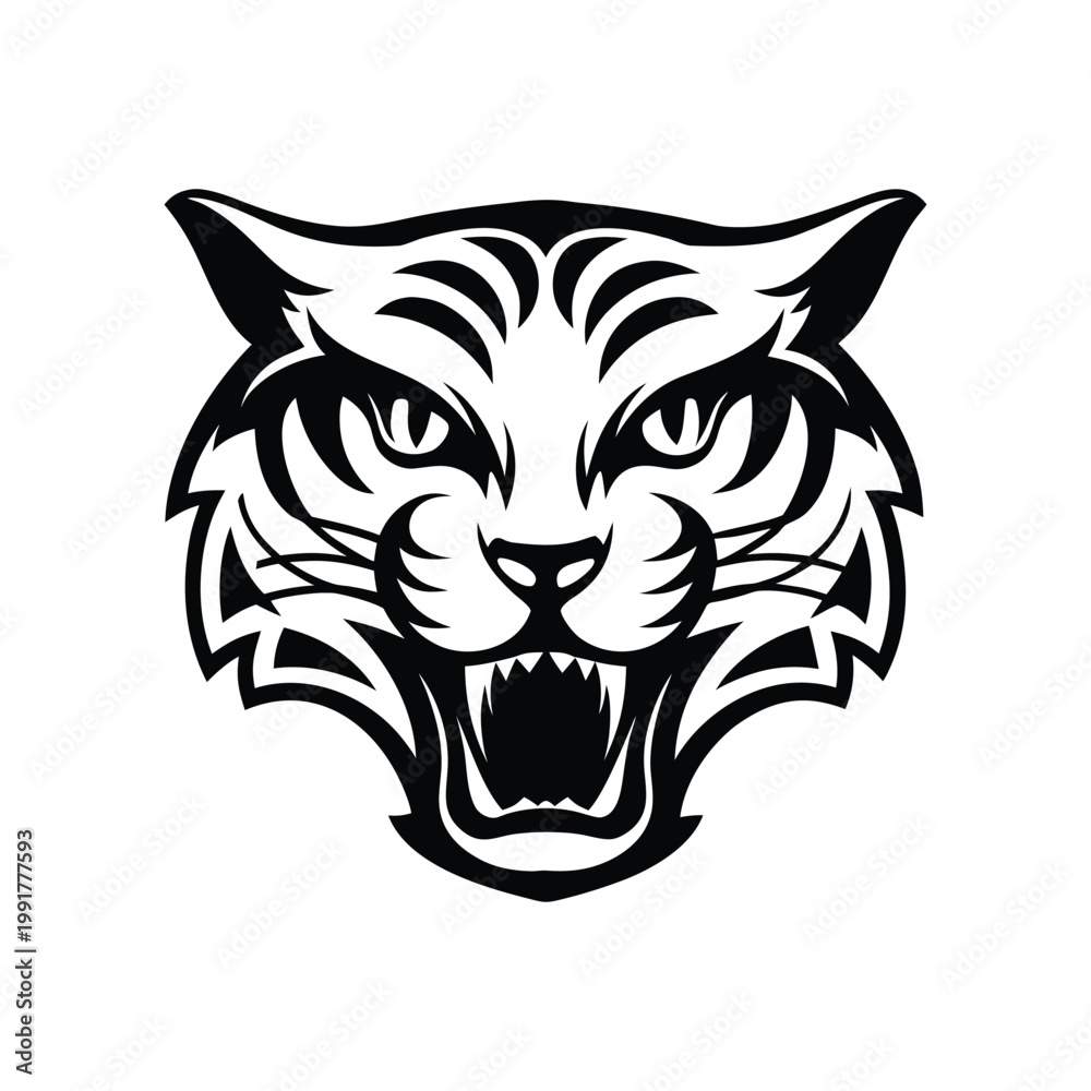 Fototapeta premium Black and white vector illustration of a roaring tiger head