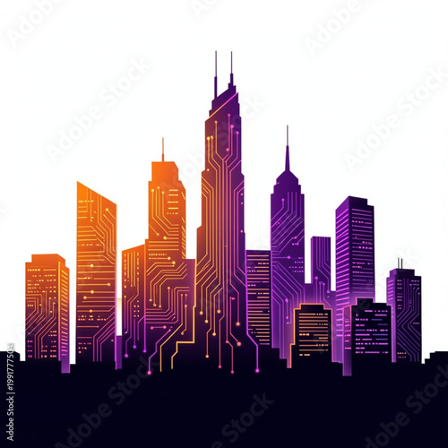 Futuristic smart city skyline with digital circuit technology illustration