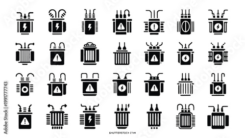 A set of black silhouette illustrations depicts various industrial and warning symbols on containers and machinery in a factory setting.