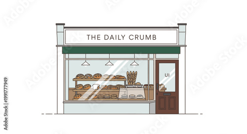 Illustration of a bakery storefront called The Daily Crumb with a display window of bread and pastries, featuring a green awning and brown door, on a white background.