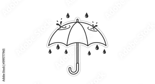 A simple line drawing of an umbrella with raindrops falling around it on a white background.