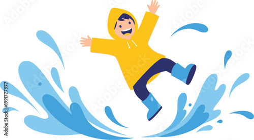 Happy boy in yellow raincoat jumping in water splash flat vector isolated on white