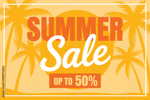 Summer sale advertisement featuring palm trees and up to fifty percent discount text