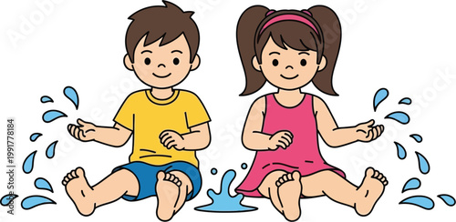 Little boy and girl playing water flat vector splash day white background