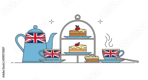 Flat lay of a British-themed tea set with Union Jack designs, including a teapot, cup, and plate with cakes on a serving dish against a clean white background.