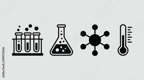 Scientific equipment including test tubes and a thermometer are shown