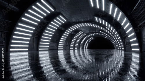 Foto Empty dark futuristic concrete tunnel interior with glowing rectangular light strips and reflective wet floor