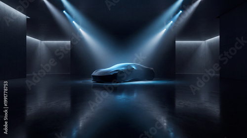 Fotografía Concept car under a protective cover, dramatically illuminated by spotlights in a mysterious dark showroom