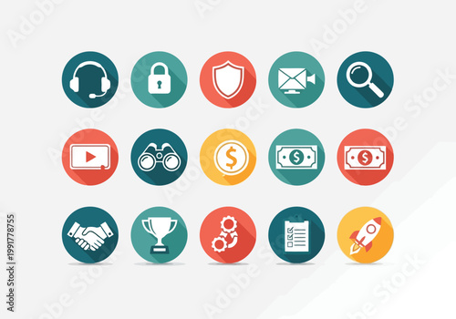 Set of flat business and finance icons with long shadow, vector illustration of communication, security, marketing and management symbols