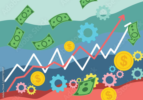 Abstract financial background with rising growth charts, currency symbols, and mechanical gears representing business development
