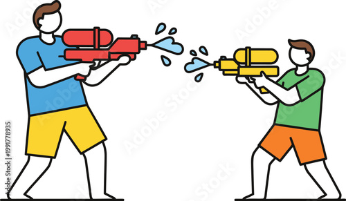 Men fighting with water guns flat vector splash day white background