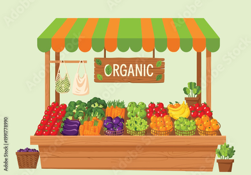 Organic food market stall with fresh vegetables and fruits in wooden crates, vector illustration of a healthy grocery shop stand