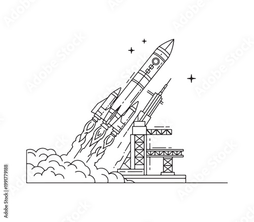 Space rocket launch illustration with launchpad and stars background