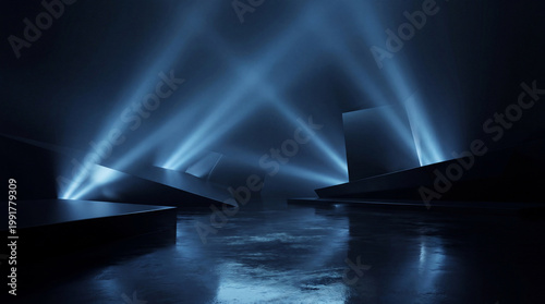 Obraz na plátně Abstract dark scene with futuristic geometric blocks reflecting blue spotlights on a wet, highly reflective floor