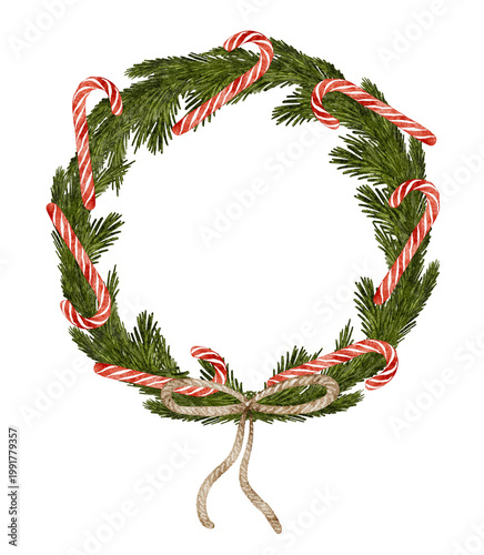 Festive evergreen wreath with candy canes and rope bow. Christmas and new year frame