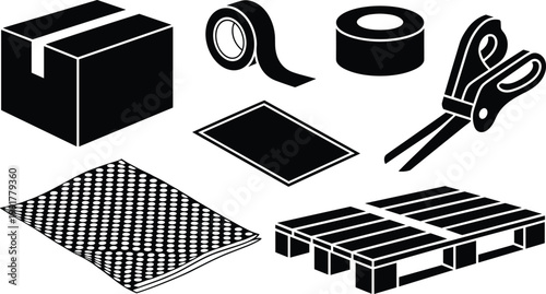 Shipping and packaging supplies silhouette boxes tape scissors and pallets