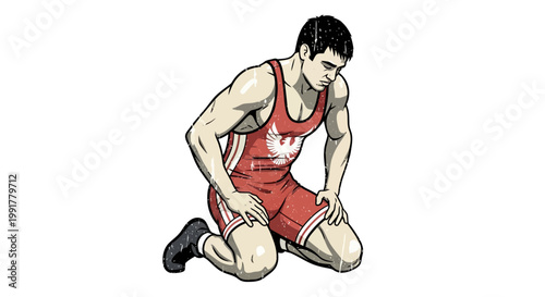 Wrestler in red singlet kneeling, defeated and tired, isolated on white background