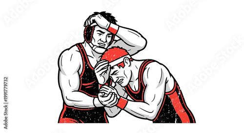 Wrestlers grappling, intense match, athletic competition, isolated on white background