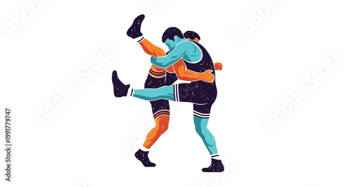 Wrestling match, two athletes grappling, dynamic pose, isolated on white background