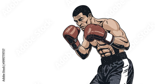 Boxer in fighting stance, aggressive expression, isolated on white background