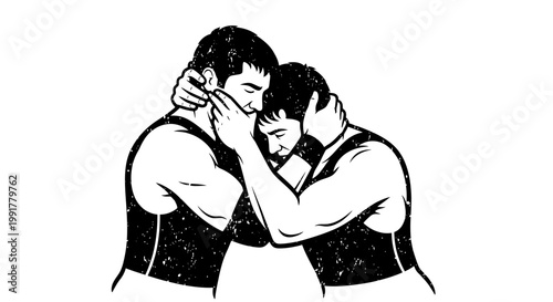 Wrestlers grappling, close up, black and white, sport illustration