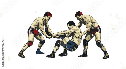 Wrestling match, athletes grappling, intense competition, sports illustration