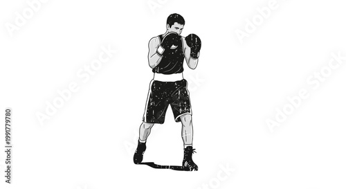 Boxer in fighting stance, black and white illustration, isolated on white background