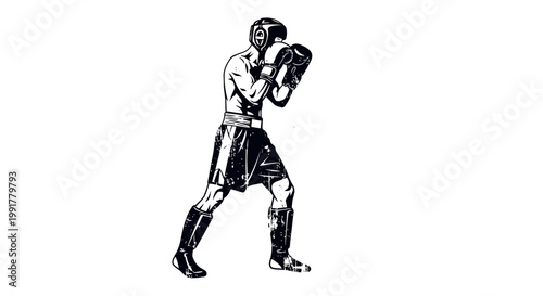 Boxer in fighting stance, black and white silhouette, vintage style
