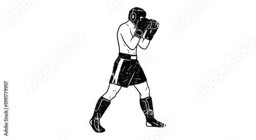 Boxer training silhouette, combat sport, fighting stance, graphic illustration
