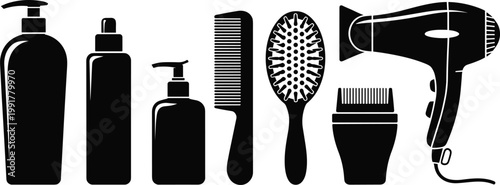 Black silhouette of hair styling tools bottles combs brushes and a hair dryer