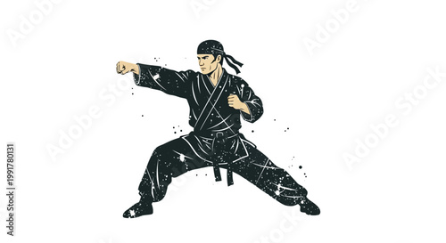 Martial artist in black gi performing a punch, dynamic pose, white background